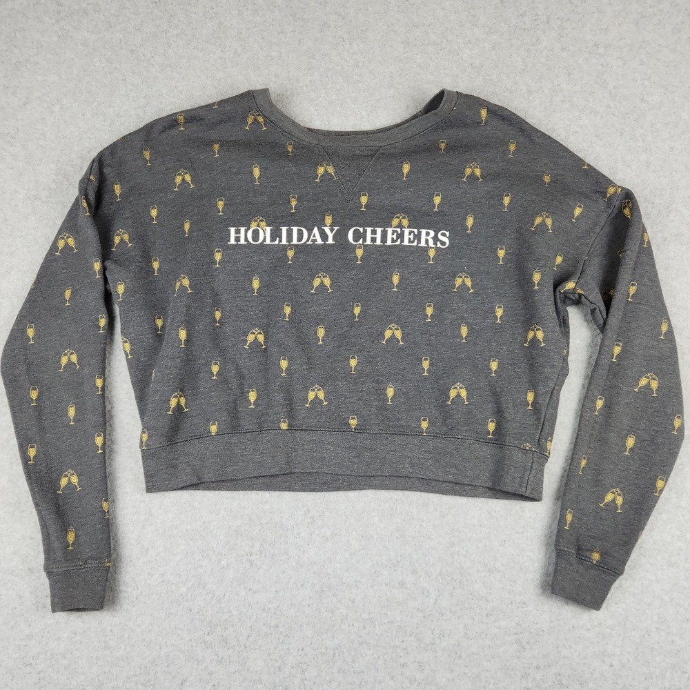 Holiday Cheers Cropped Sweatshirt‎ Gray Gold Champagne Glass Graphic Relaxed Fit
